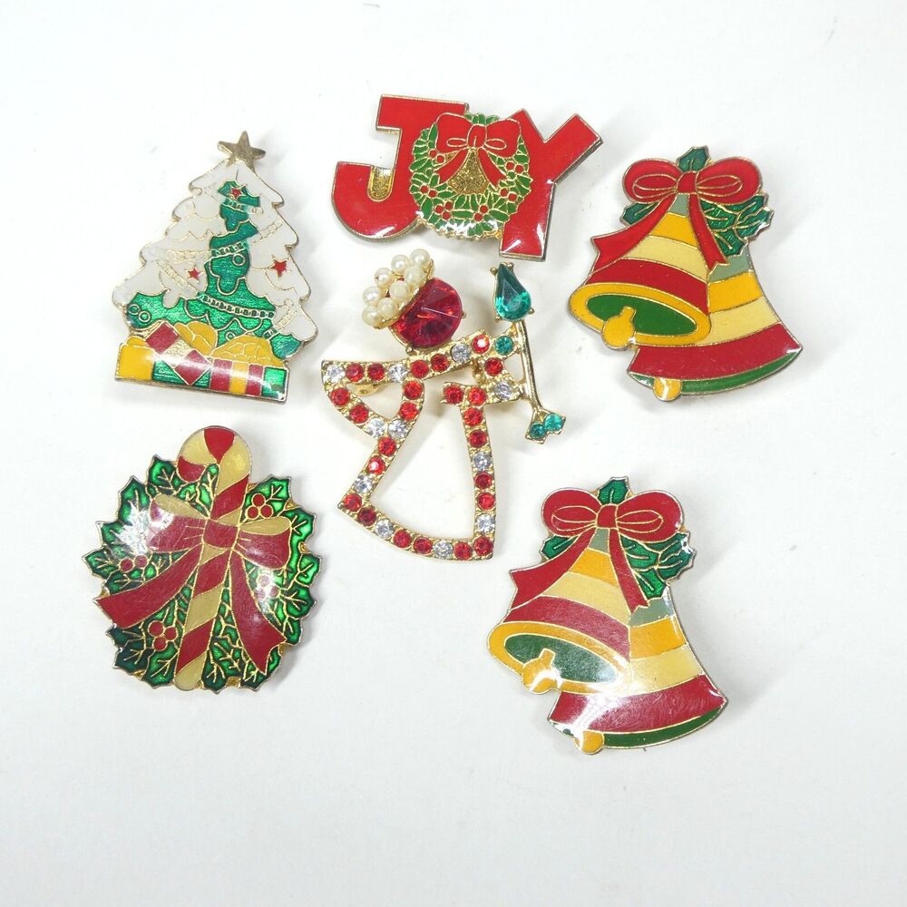 Christmas Pin Lot Vintage 1980s 1990s Holiday Tree Wreath Joy Bells
